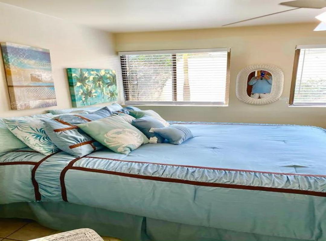 Bedroom with a large bed in light blue bedding, coastal artwork and two windows