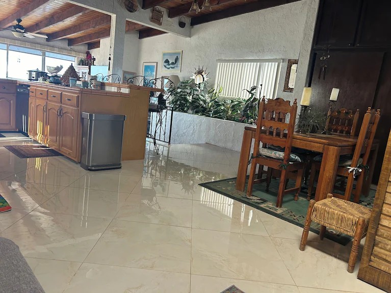 Open dining area with wooden table and chairs, kitchen bar, indoor planter and exposed wood-beam ceiling